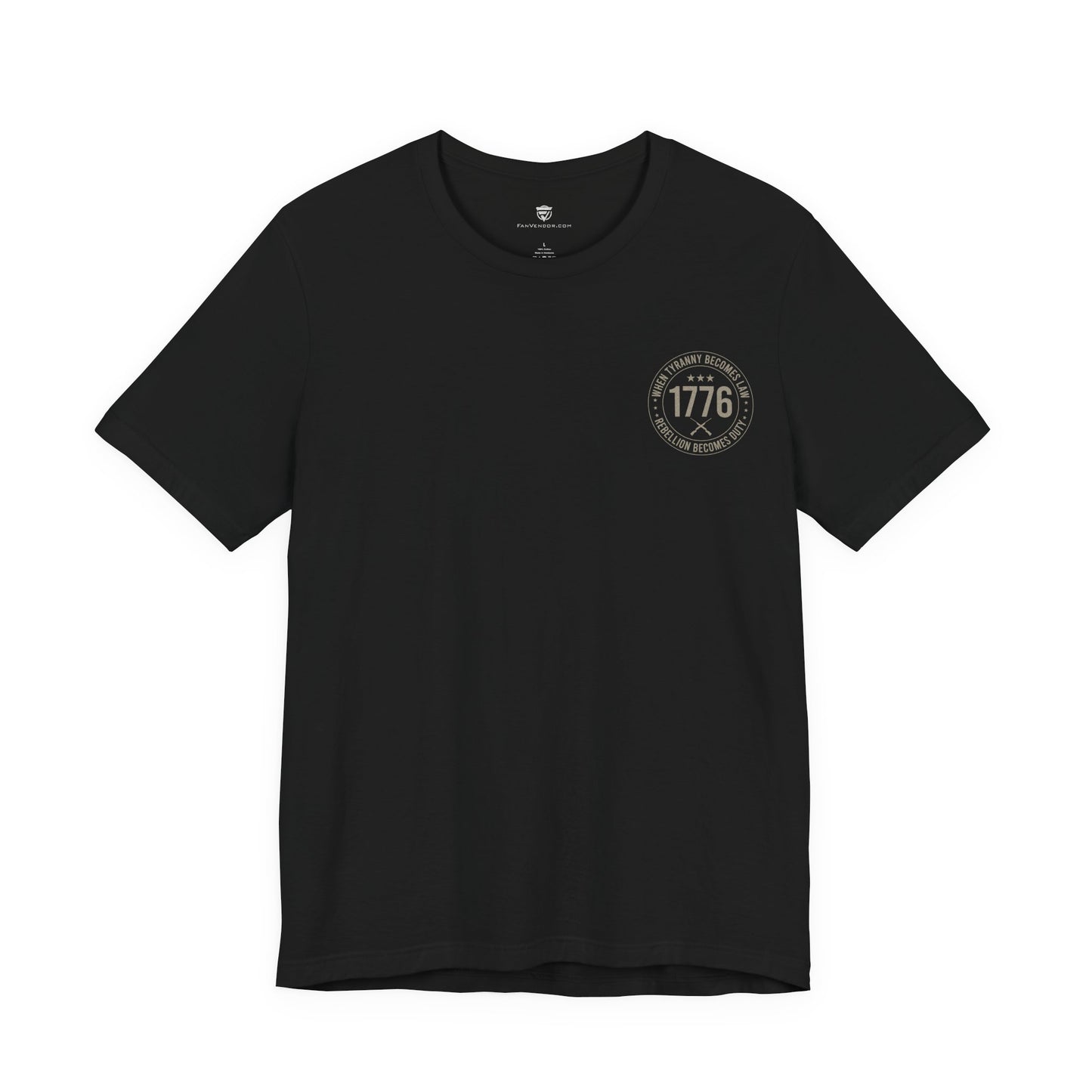Black t-shirt with a circular logo on a white background