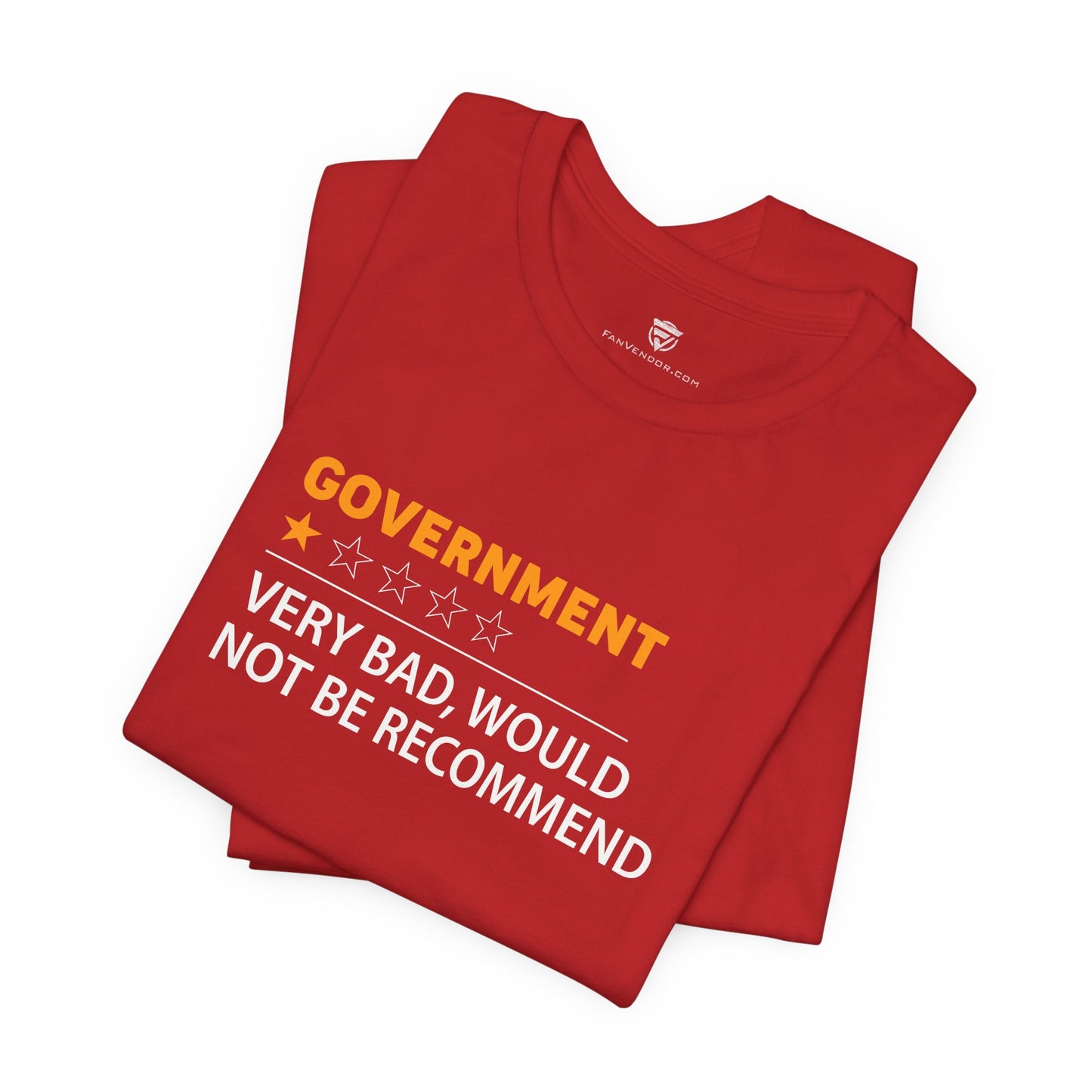 Folded red t-shirt with humorous text design on a white background