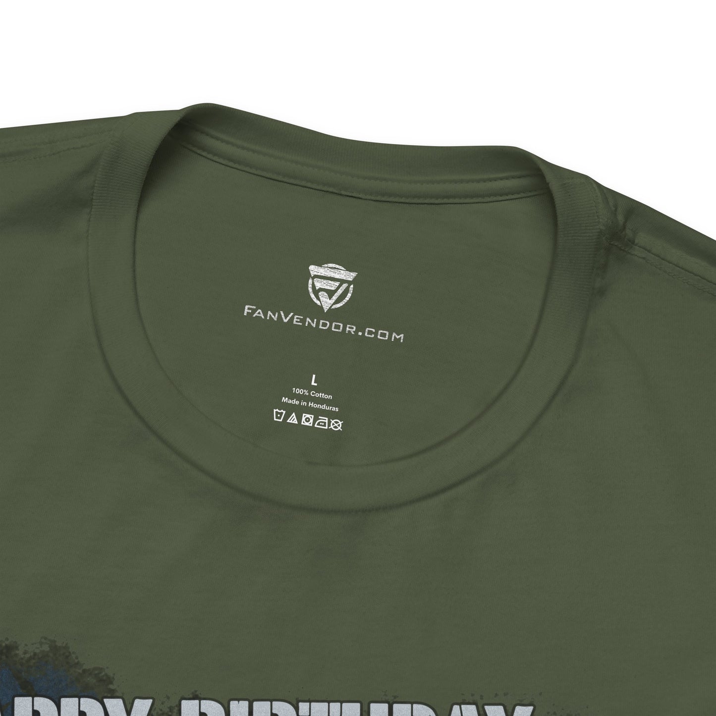 Green t-shirt with 'FanVendor.com' logo and text on a white background