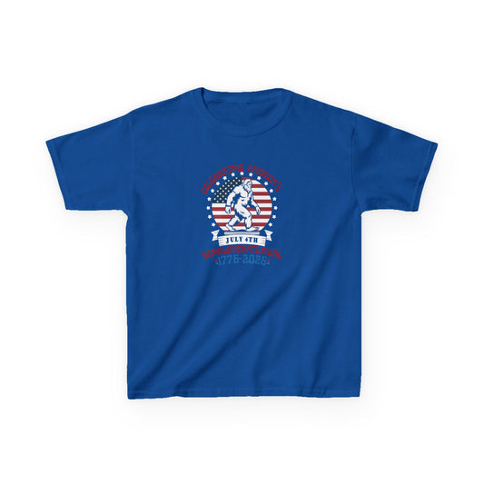 Blue t-shirt with a graphic design on a white background