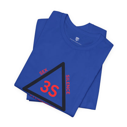 Blue t-shirt with red and black design on a white background