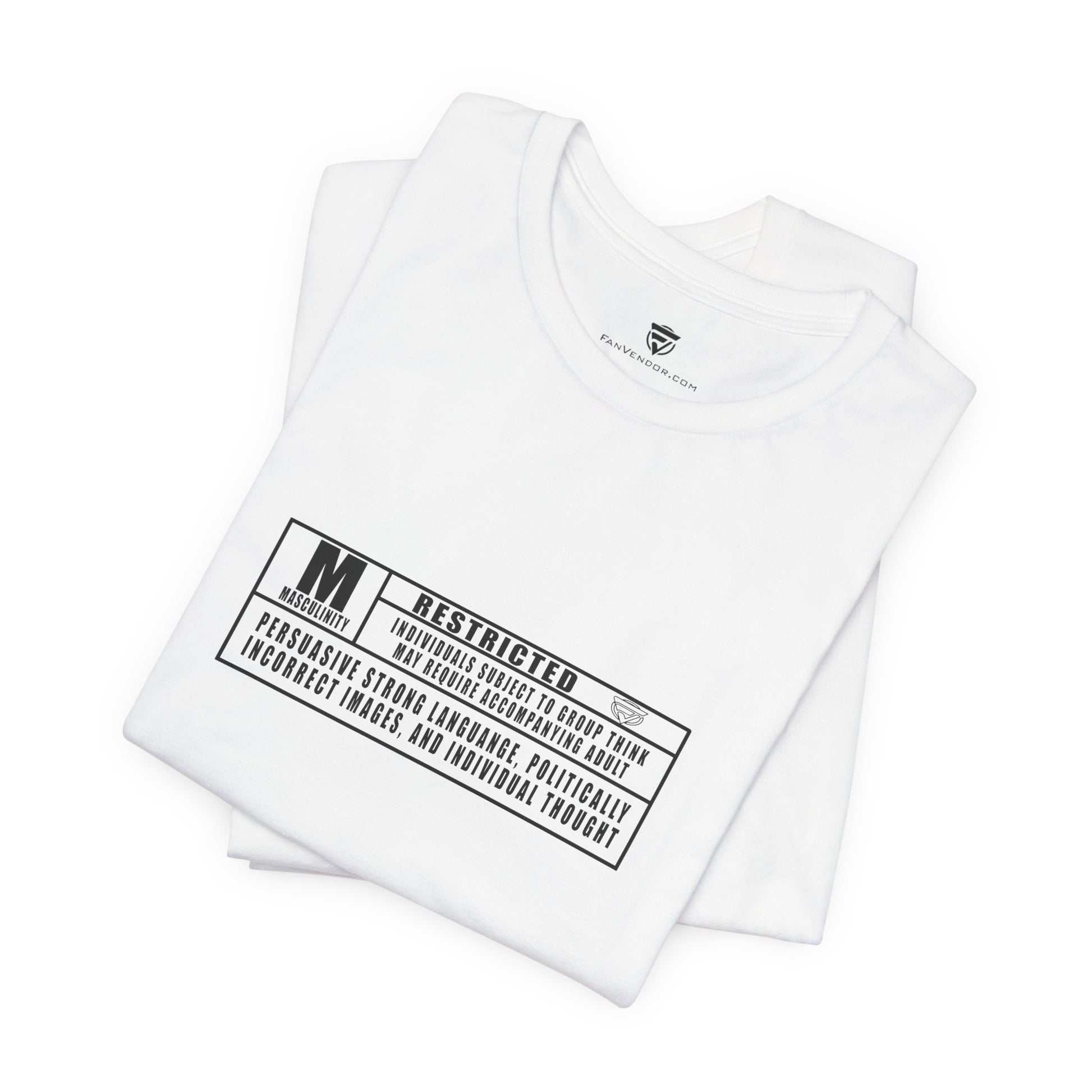White t-shirt with a black label on a white background