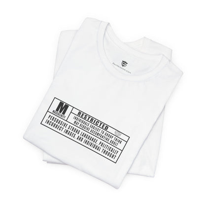 White t-shirt with a black label on a white background