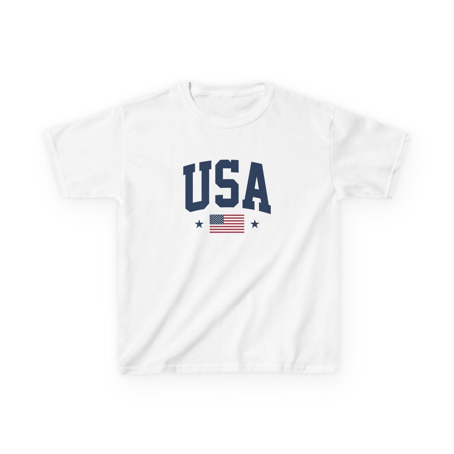 White t-shirt with 'USA' and American flag design on a white background