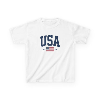 White t-shirt with 'USA' and American flag design on a white background