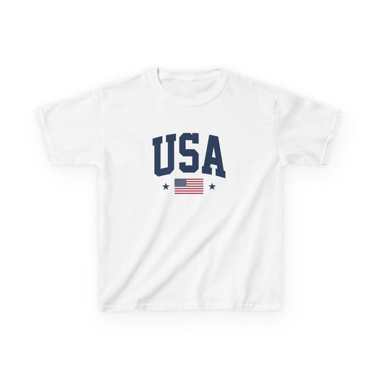 White t-shirt with 'USA' and American flag design on a white background