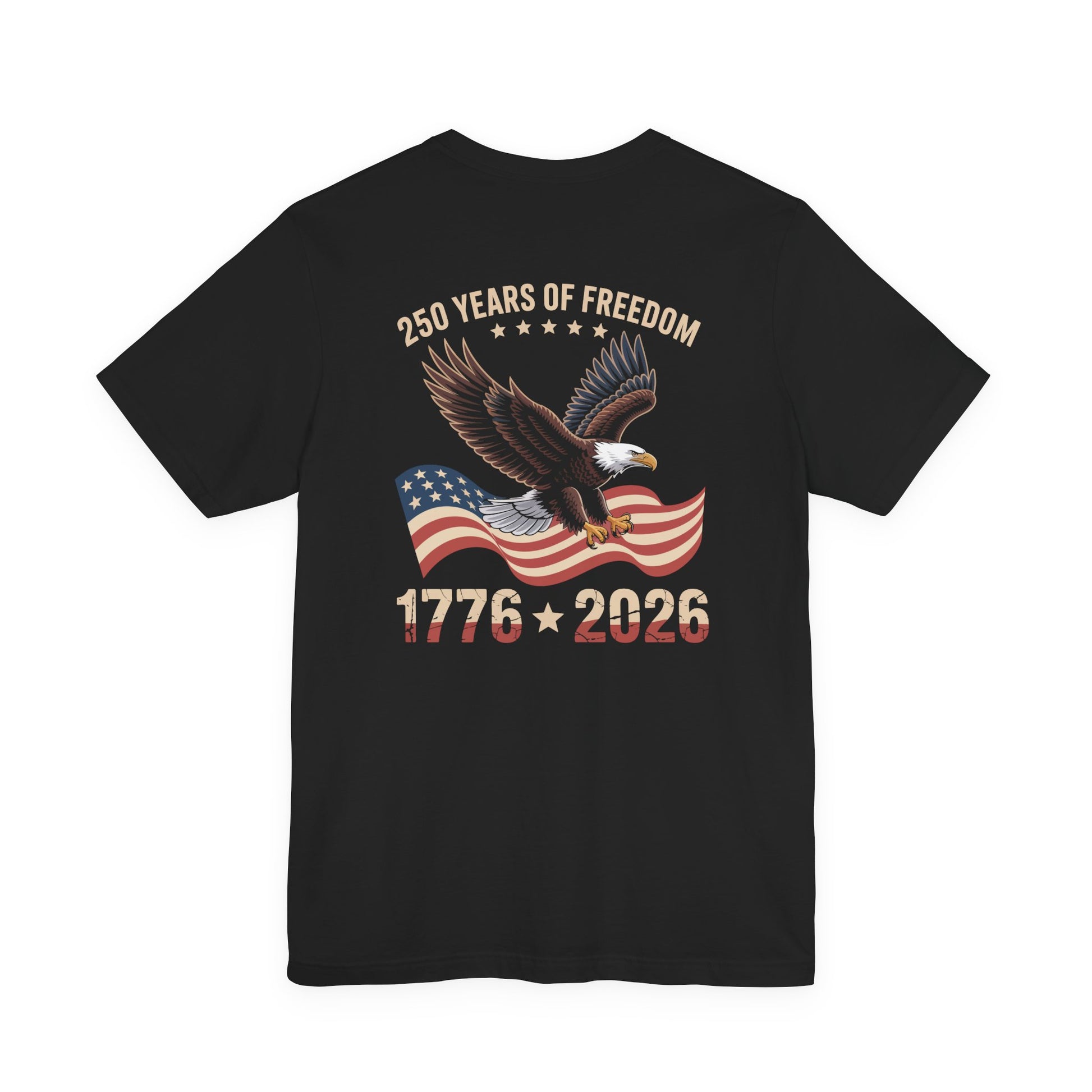 Black t-shirt with American flag and eagle design on a white background