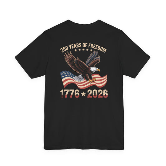 Black t-shirt with American flag and eagle design on a white background