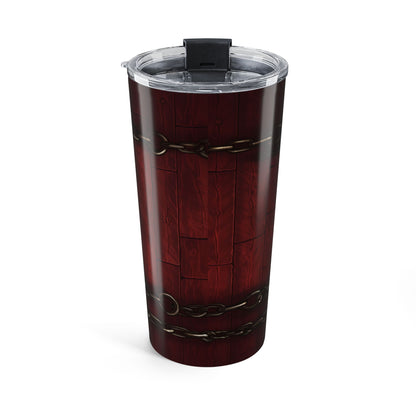 Red tumbler with chain design on a white background