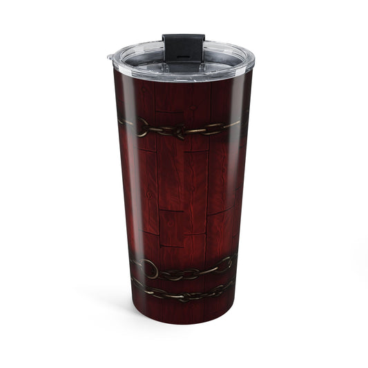 Red tumbler with chain design on a white background