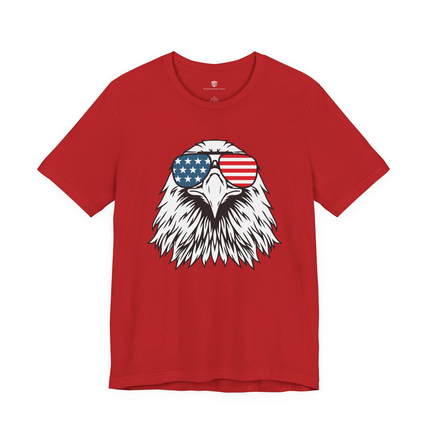 Red t-shirt with an eagle design wearing American flag sunglasses on a white background
