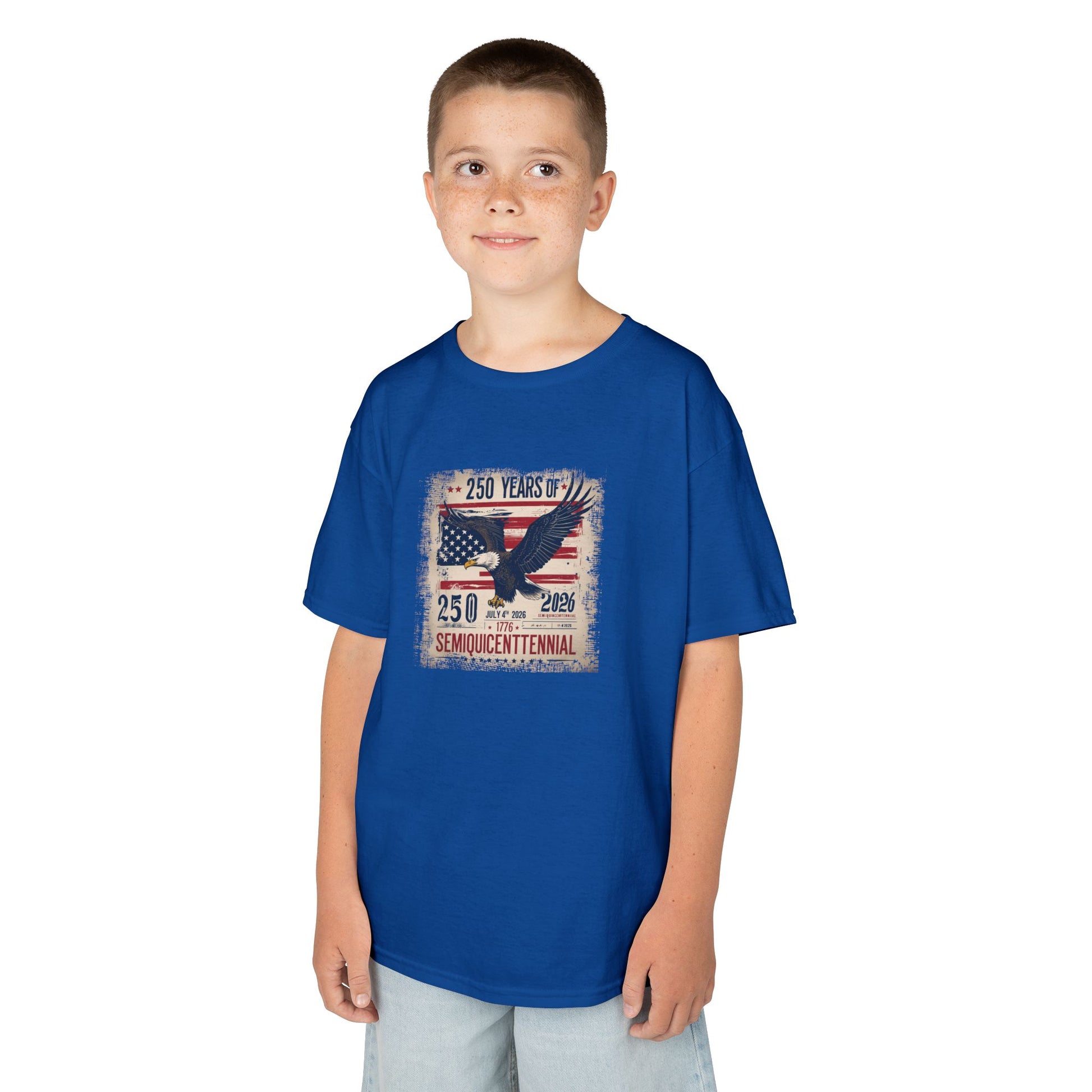 Child wearing a blue t-shirt with an eagle and flag design on a white background