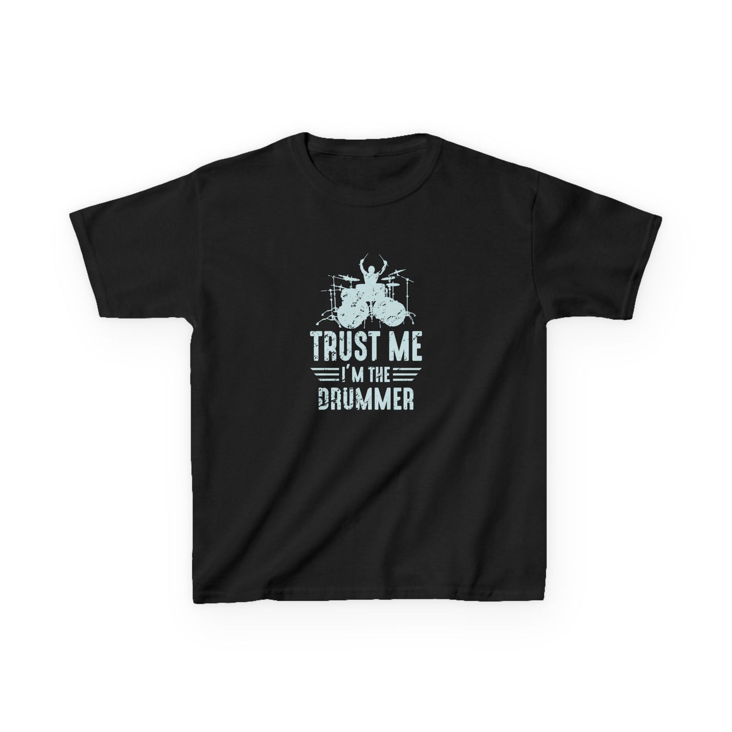 Black t-shirt with a graphic design and text on a white background