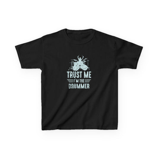 Black t-shirt with a graphic design and text on a white background