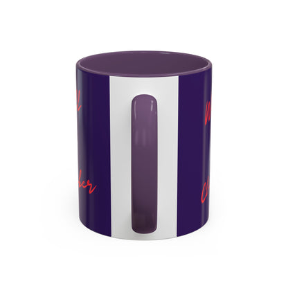 Purple and white striped mug with text on a white background