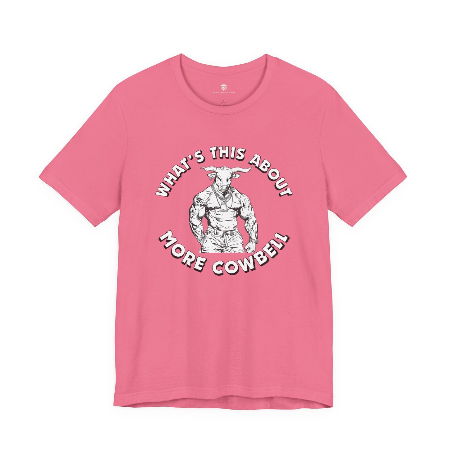 Pink t-shirt with graphic of a muscular bull and text on a white background