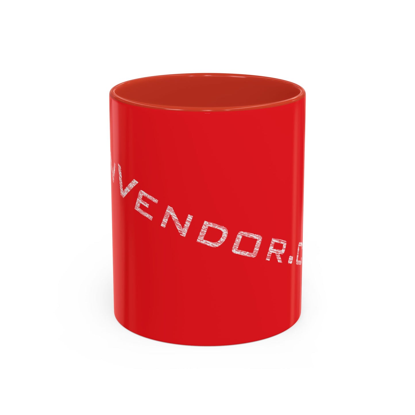 Red mug with text on a white background