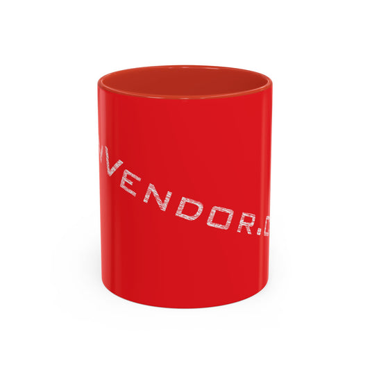 Red mug with text on a white background