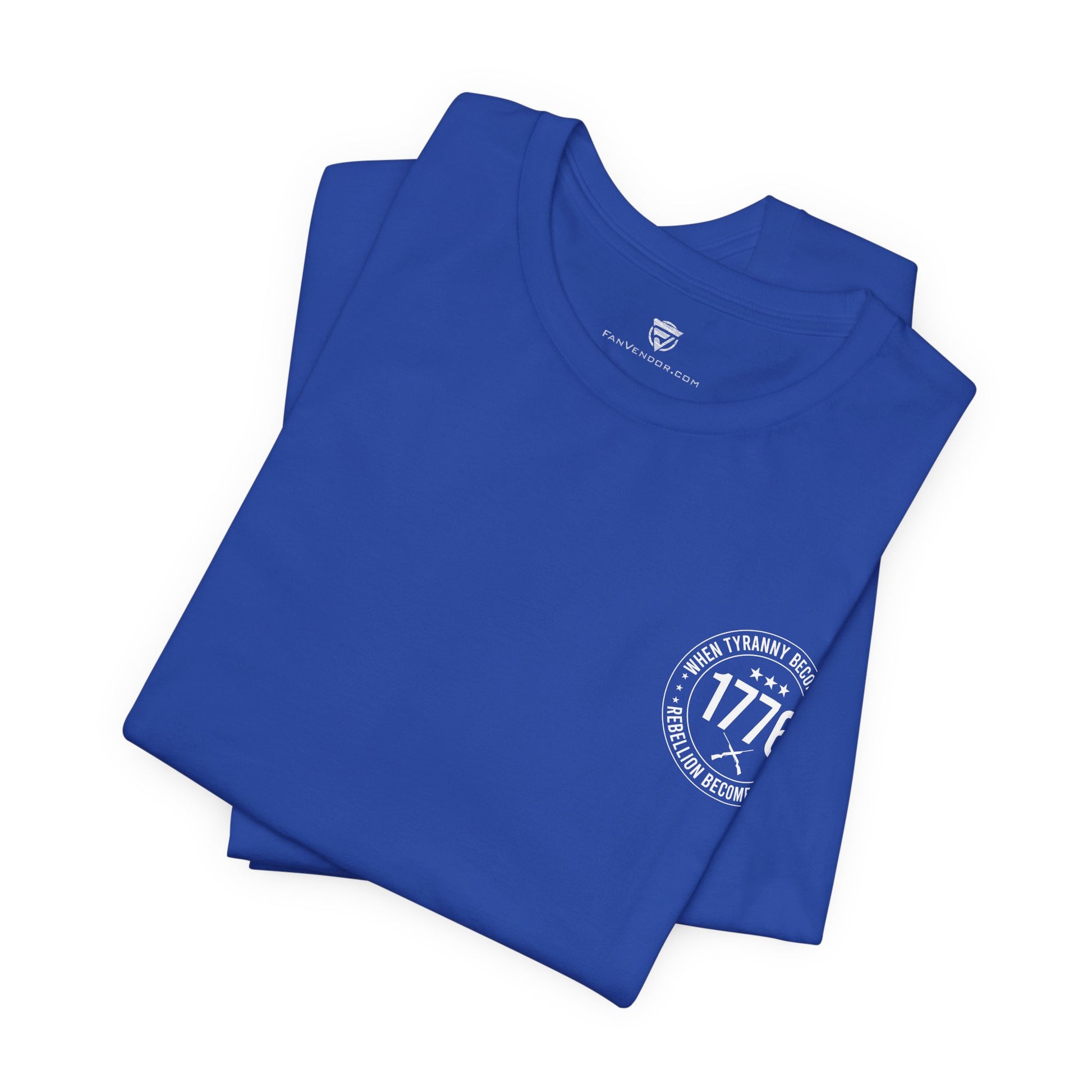 Folded blue t-shirt with a white logo on a white background