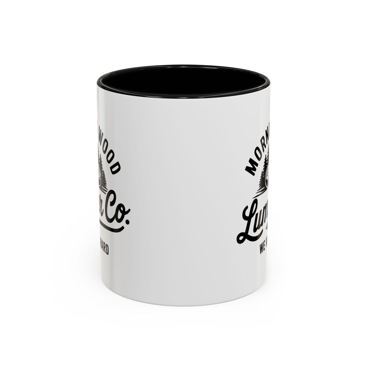 White mug with black interior and handle, featuring branding on a white background