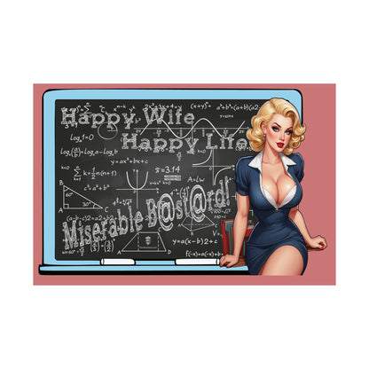 A retro-style pin-up illustration of a blonde woman in a navy dress standing beside a chalkboard with white equations and text. The scene is centered on a white background with a dusty pink rectangular backdrop behind the illustrated subject.