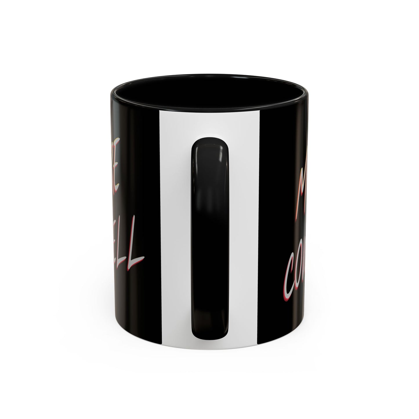 Black mug with white stripe and text on a white background