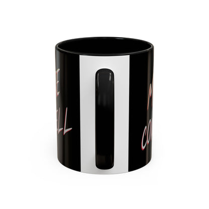 Black mug with white stripe and text on a white background