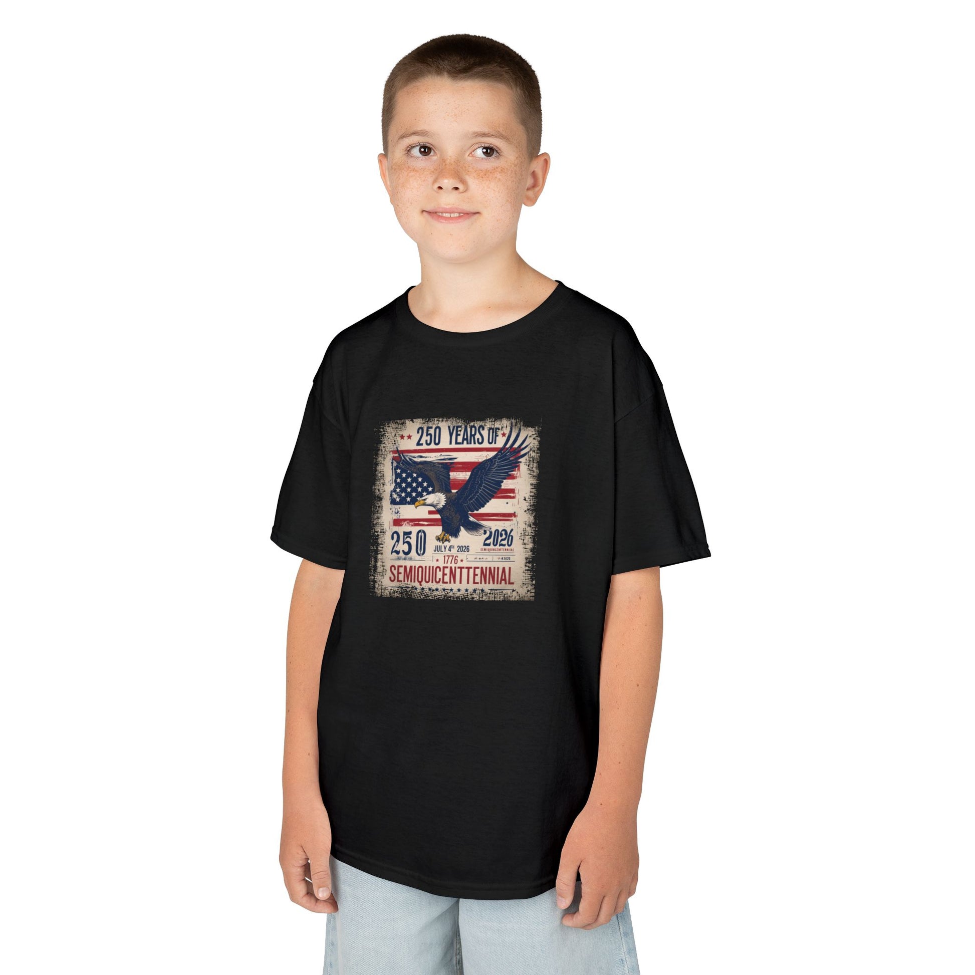 Child wearing a black t-shirt with a graphic design on a white background