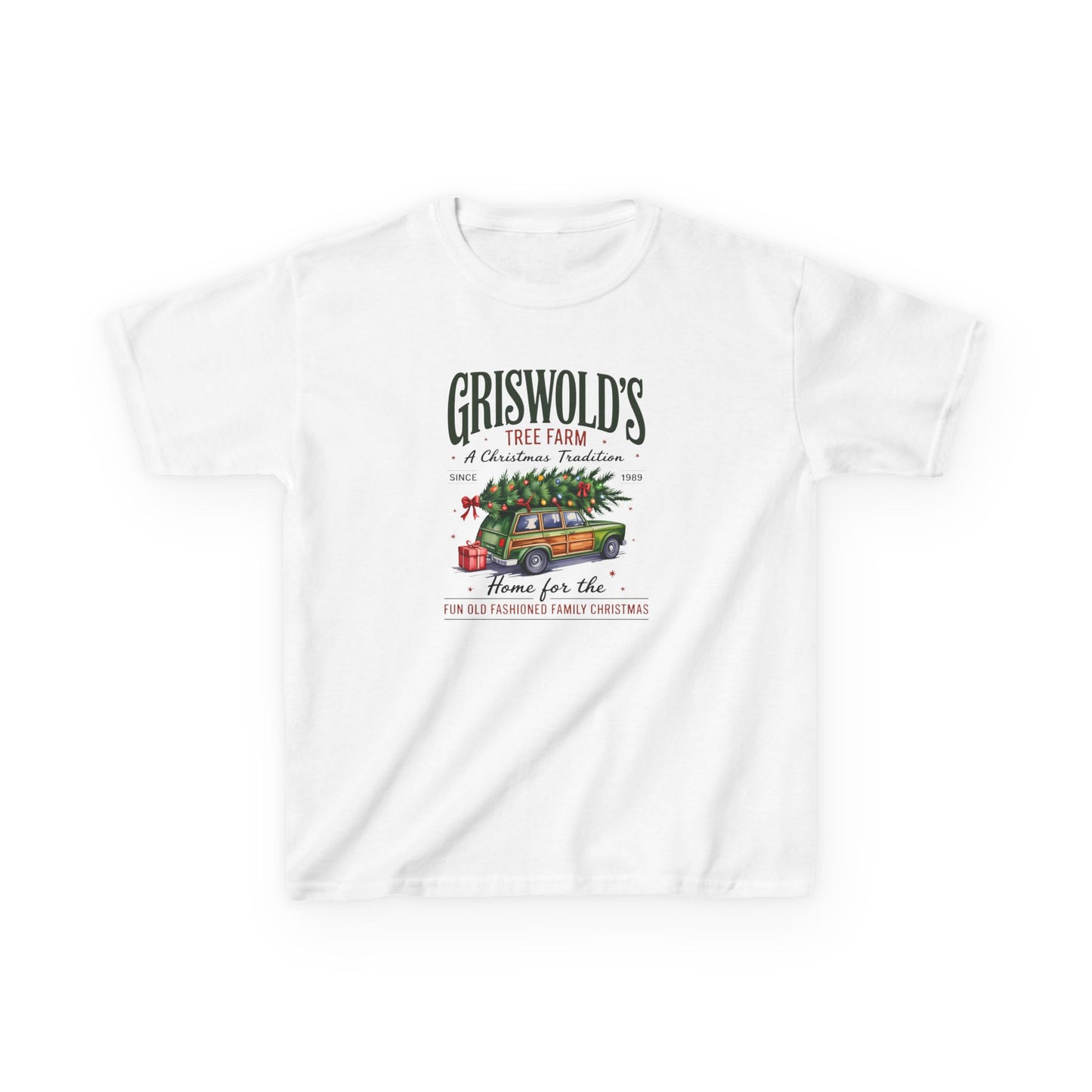 White t-shirt with Christmas-themed graphic and text on a white background