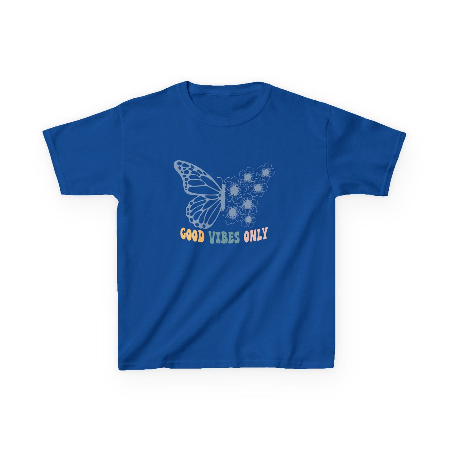 Blue t-shirt with a butterfly graphic and text on a white background