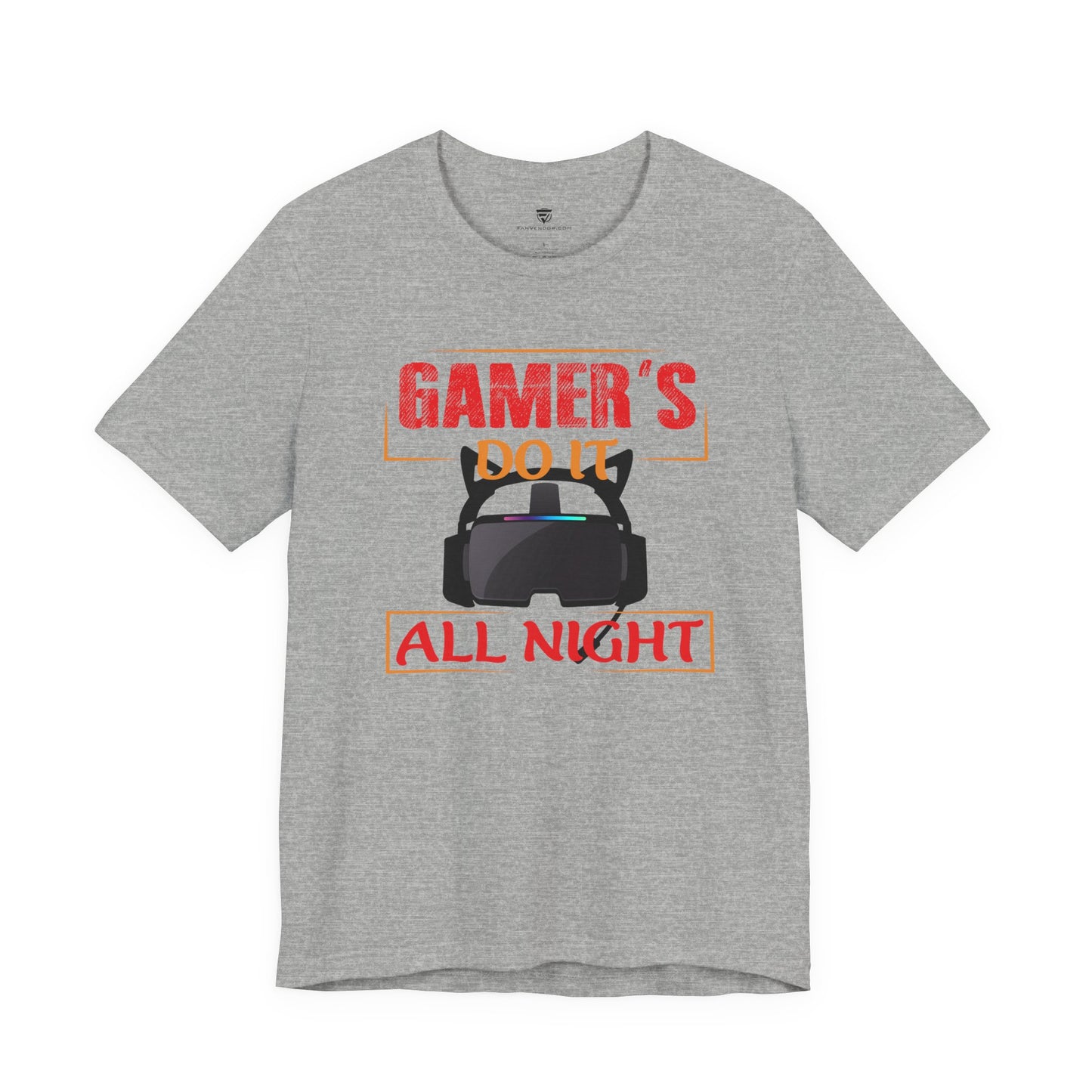 Gray t-shirt with gaming-themed text and graphics on a white background