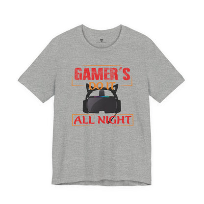 Gray t-shirt with gaming-themed text and graphics on a white background