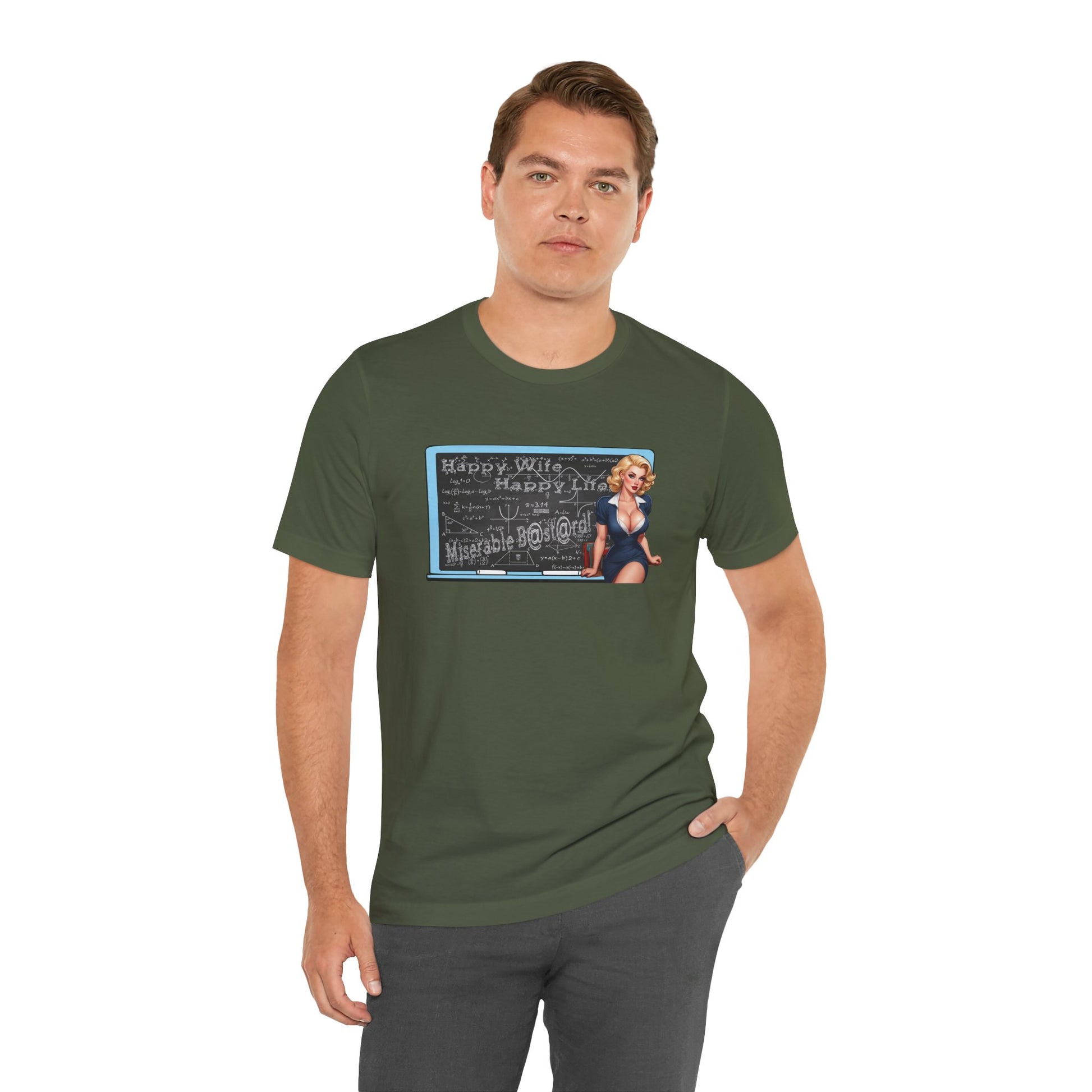 Man wearing a green t-shirt with a graphic design on a white background