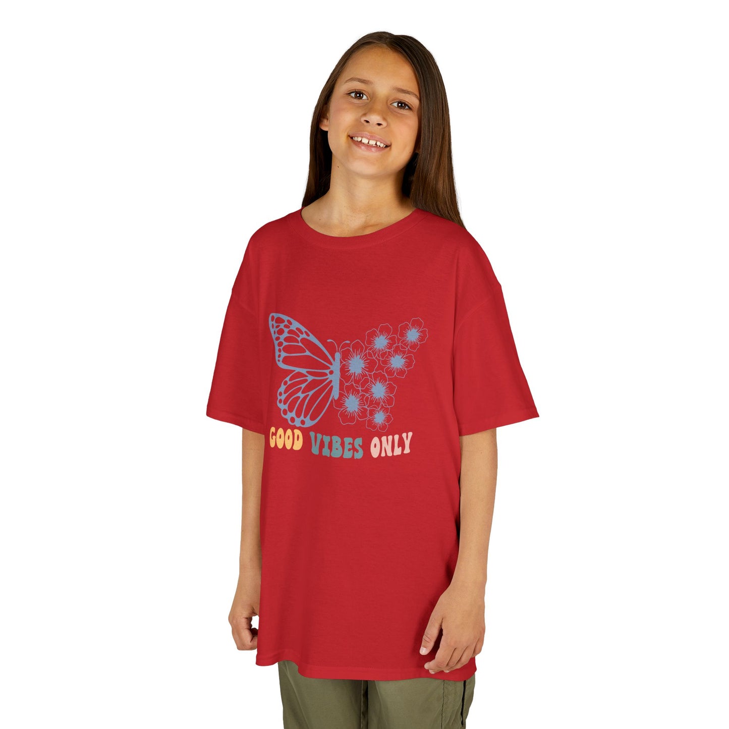 Child wearing a red t-shirt with a butterfly graphic and text on a white background