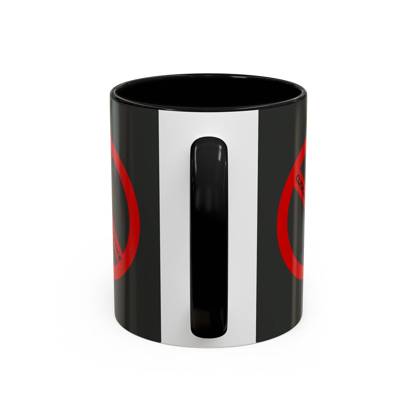 Black mug with red and white design on a white background