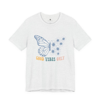 White t-shirt with a butterfly and text on a white background