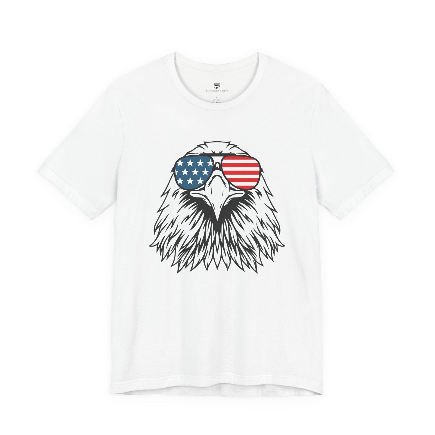 White t-shirt with an eagle design wearing American flag sunglasses on a white background