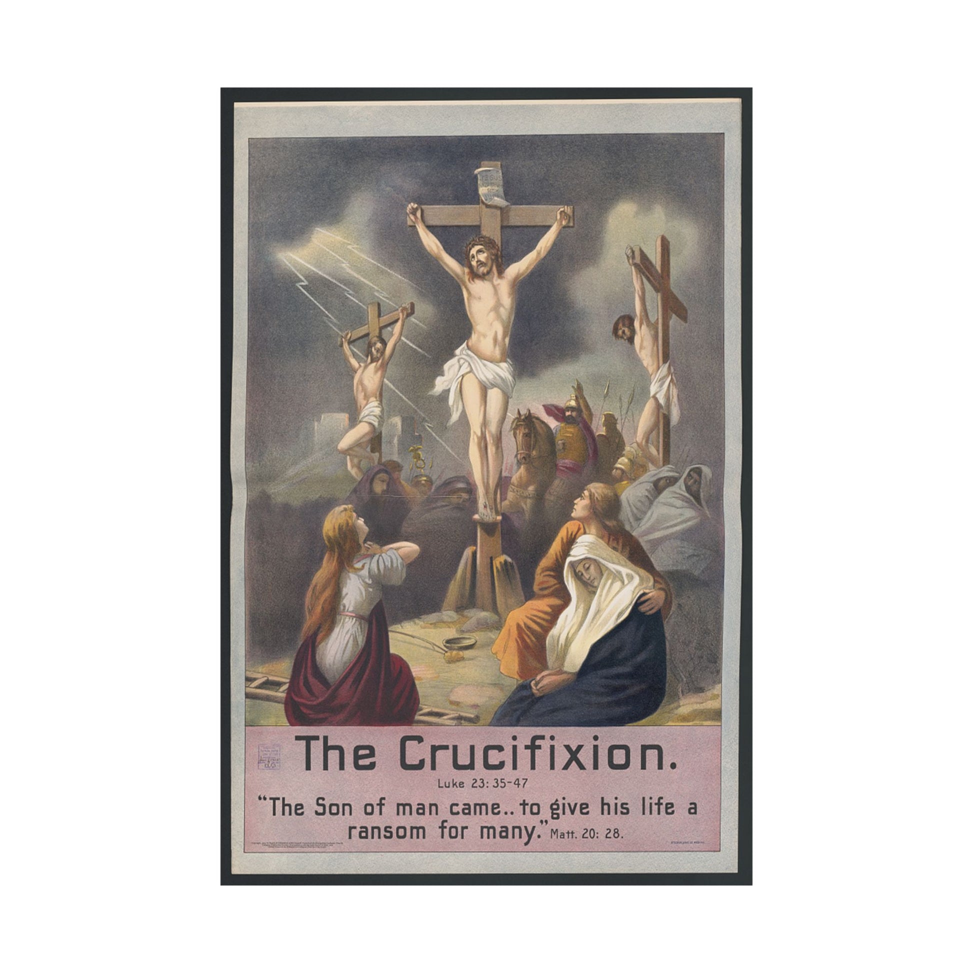 Framed artwork of 'The Crucifixion' with religious text on a white background