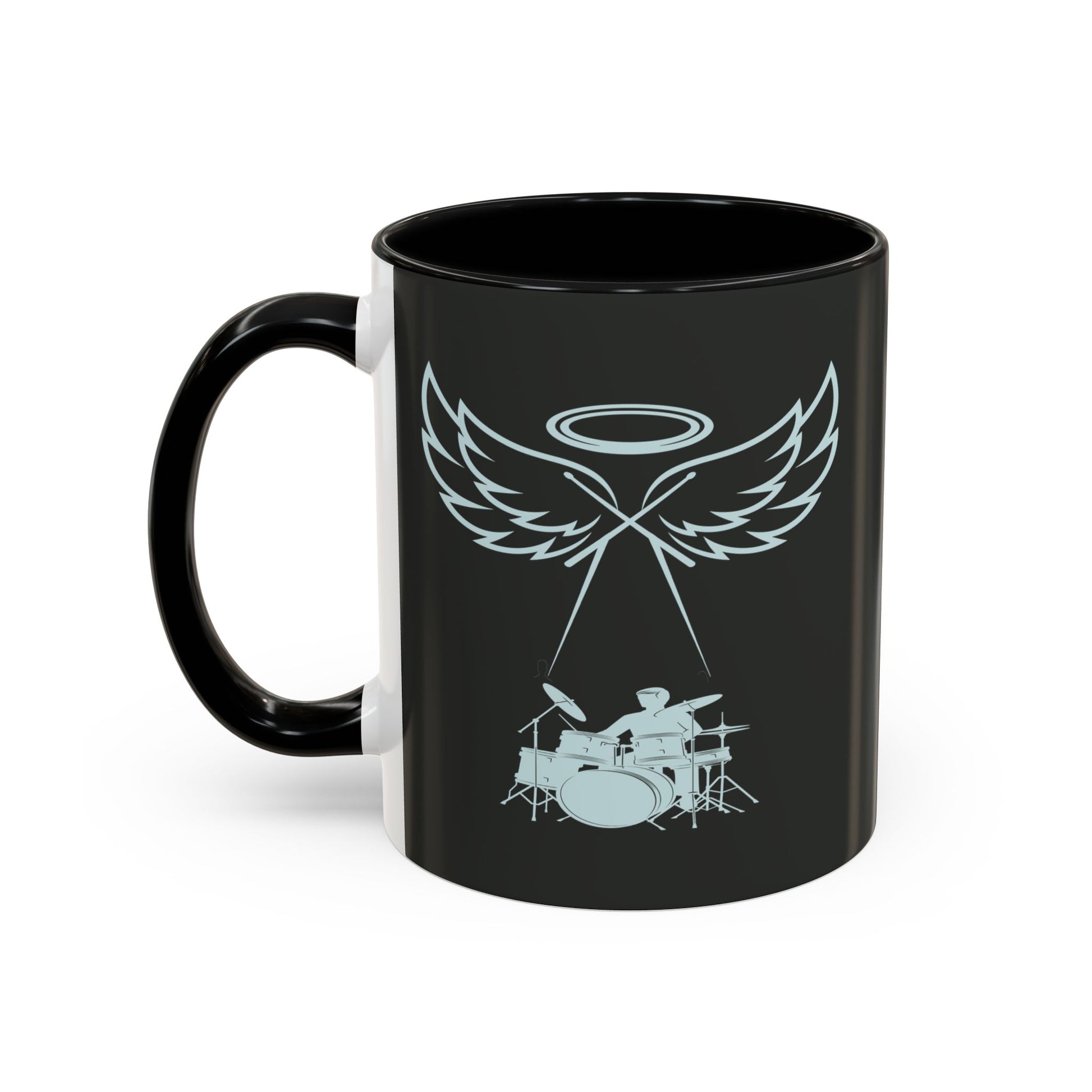 Black mug with a white graphic of a drummer and wings on a white background