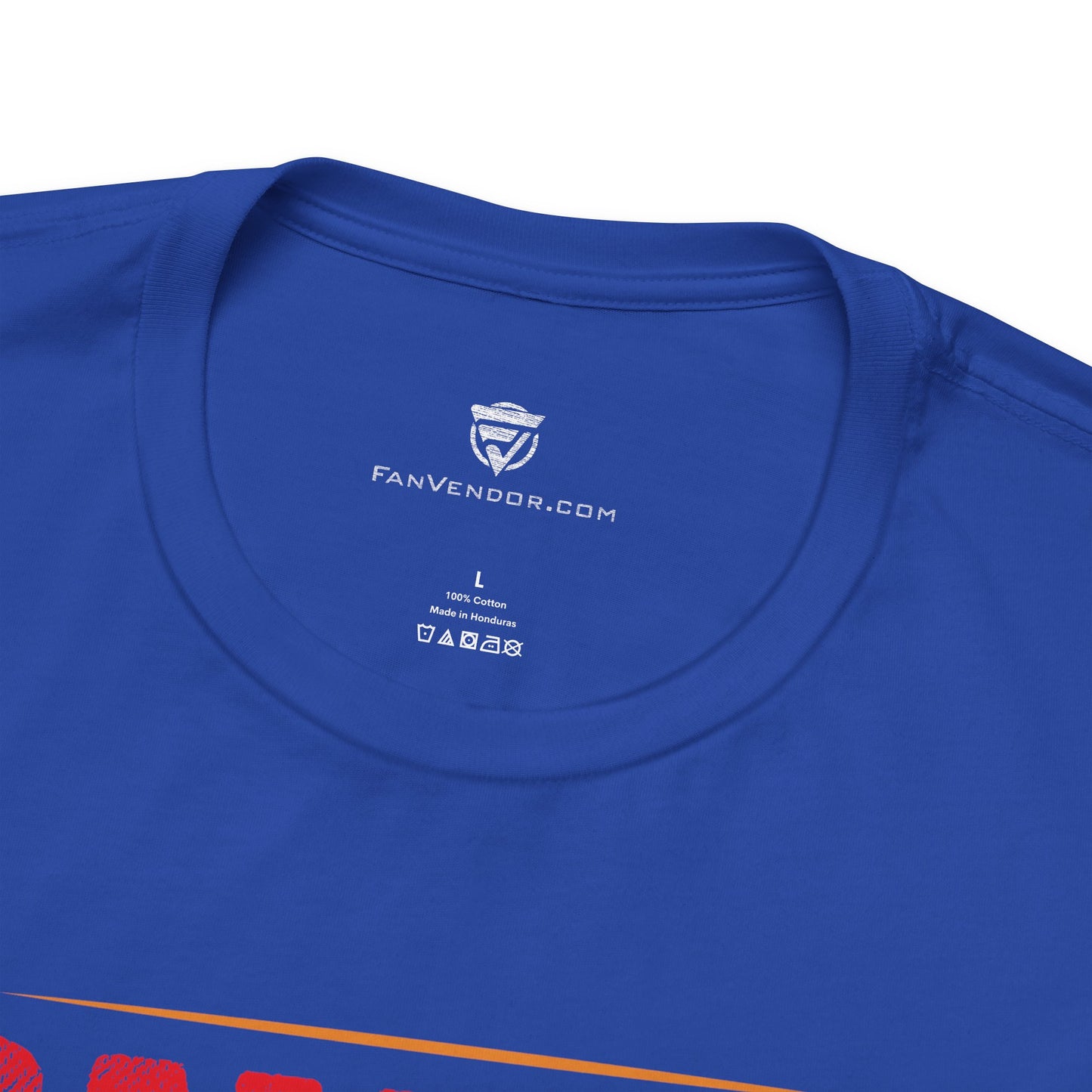 Close-up of a blue t-shirt with 'FanVendor.com' logo on the collar.