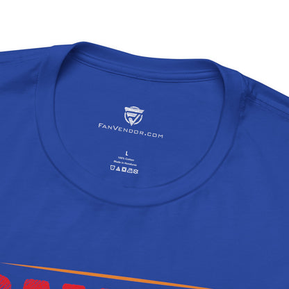 Close-up of a blue t-shirt with 'FanVendor.com' logo on the collar.