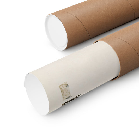 Two cardboard tubes with white ends on a light gray background