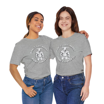 Two people wearing gray t-shirts with text on a white background