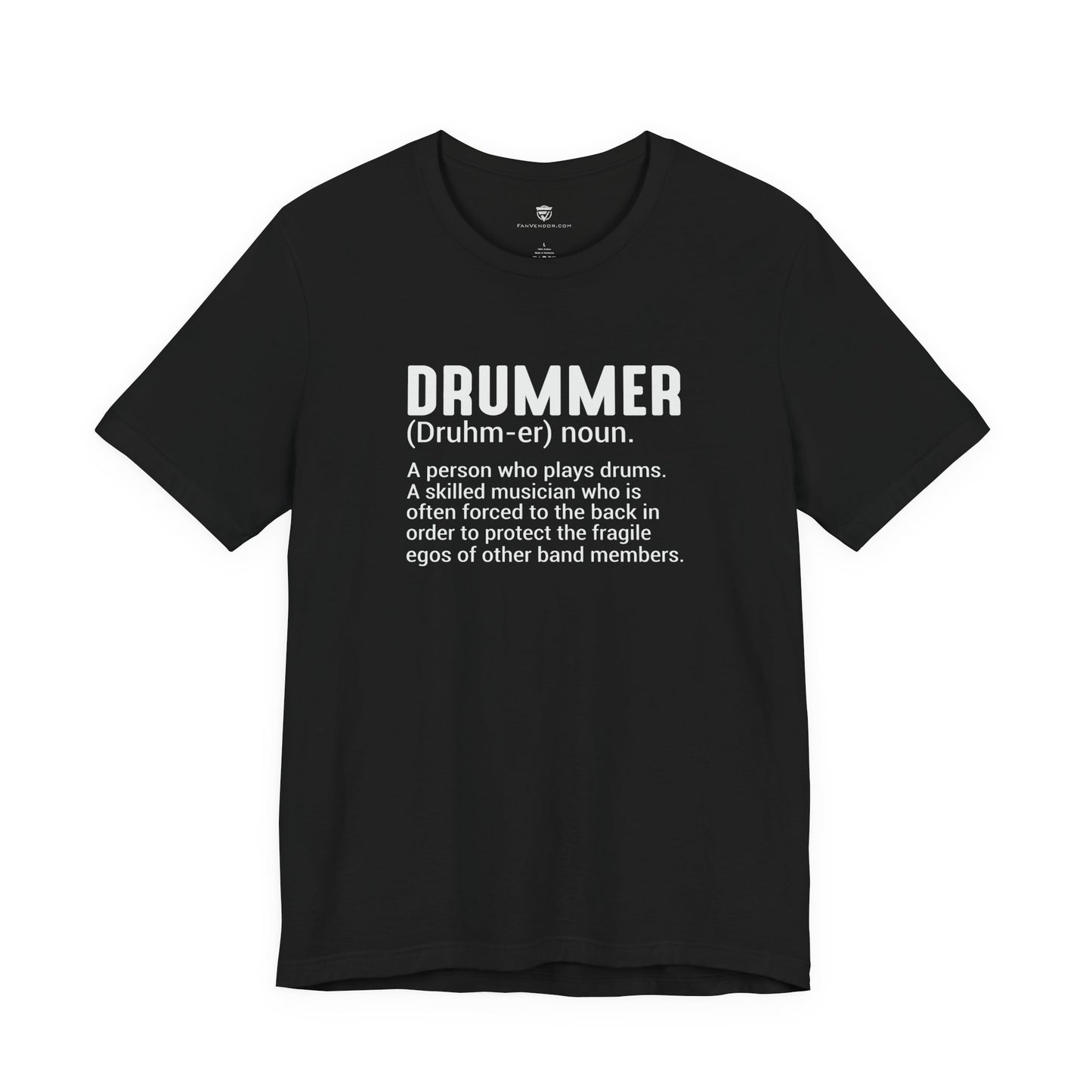 Black t-shirt with text on a white background