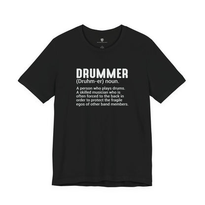 Black t-shirt with text on a white background
