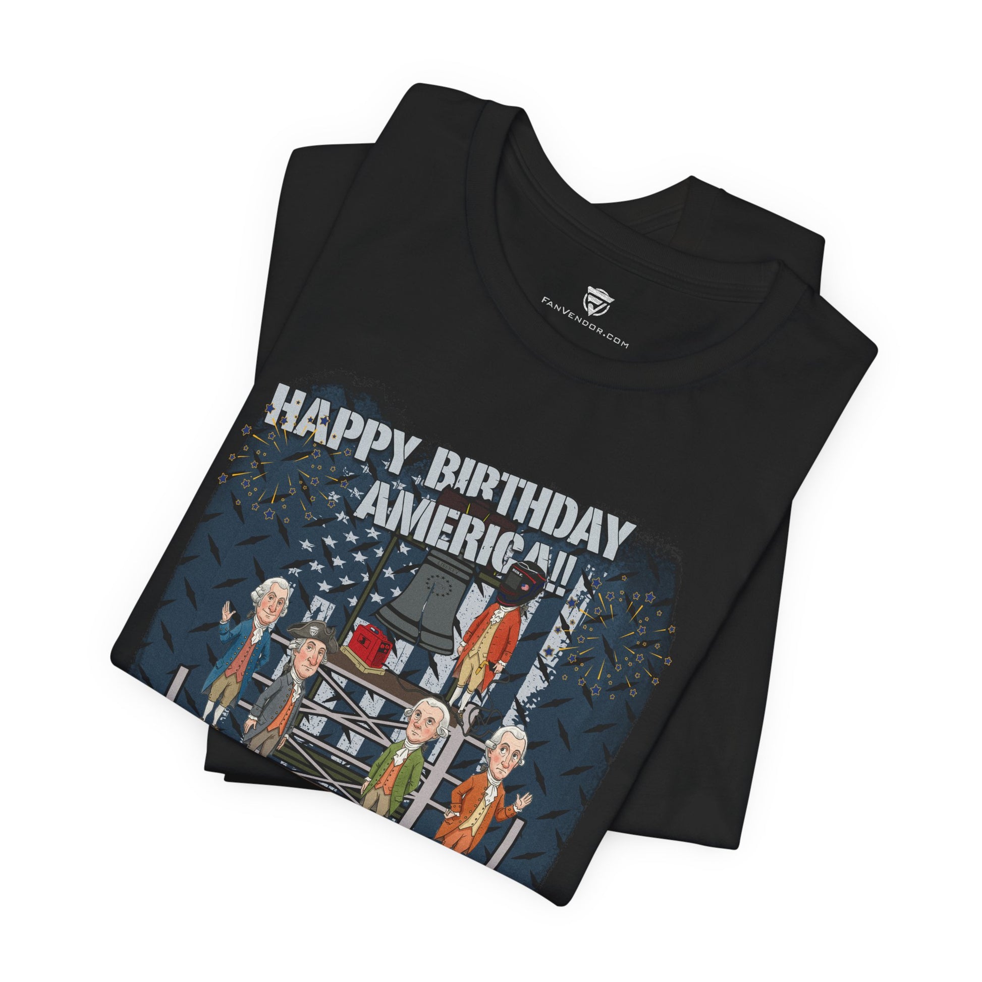 Black t-shirt with 'Happy Birthday America!' graphic design on a white background