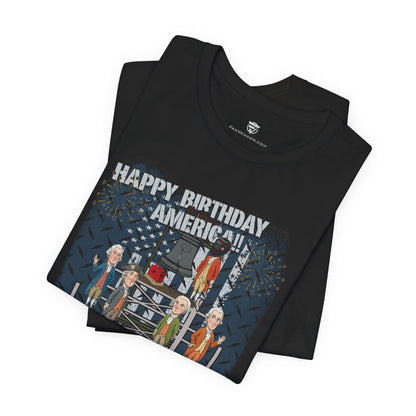 Black t-shirt with 'Happy Birthday America!' graphic design on a white background