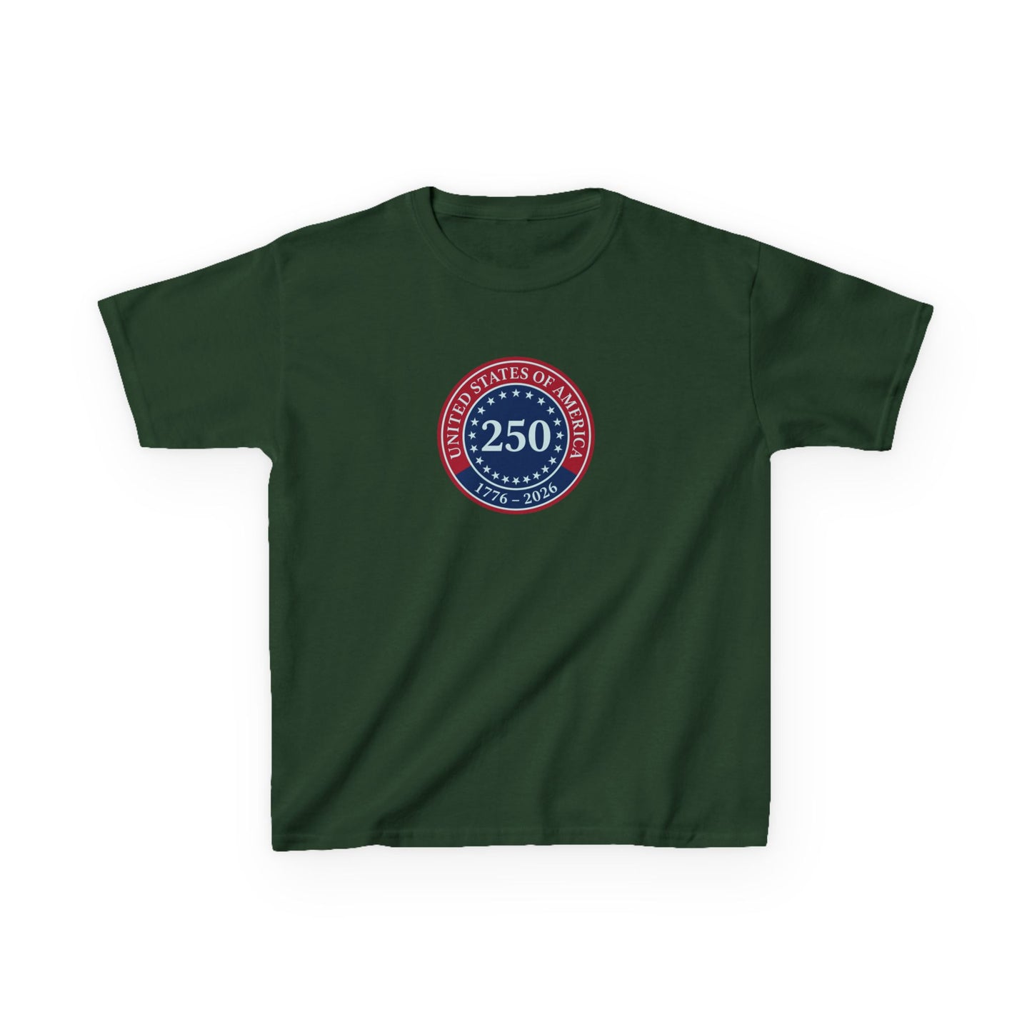 Green t-shirt with a circular logo featuring the number 250 on a white background