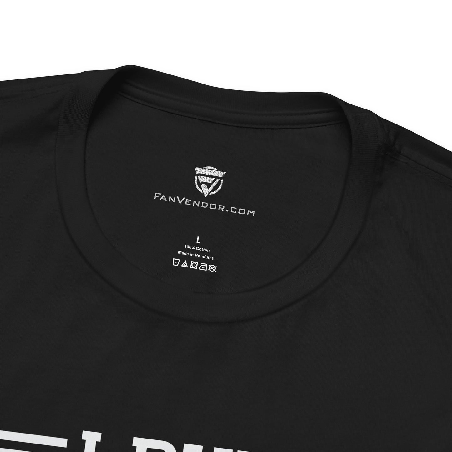 Black t-shirt with 'FanVendor.com' logo and text on a white background
