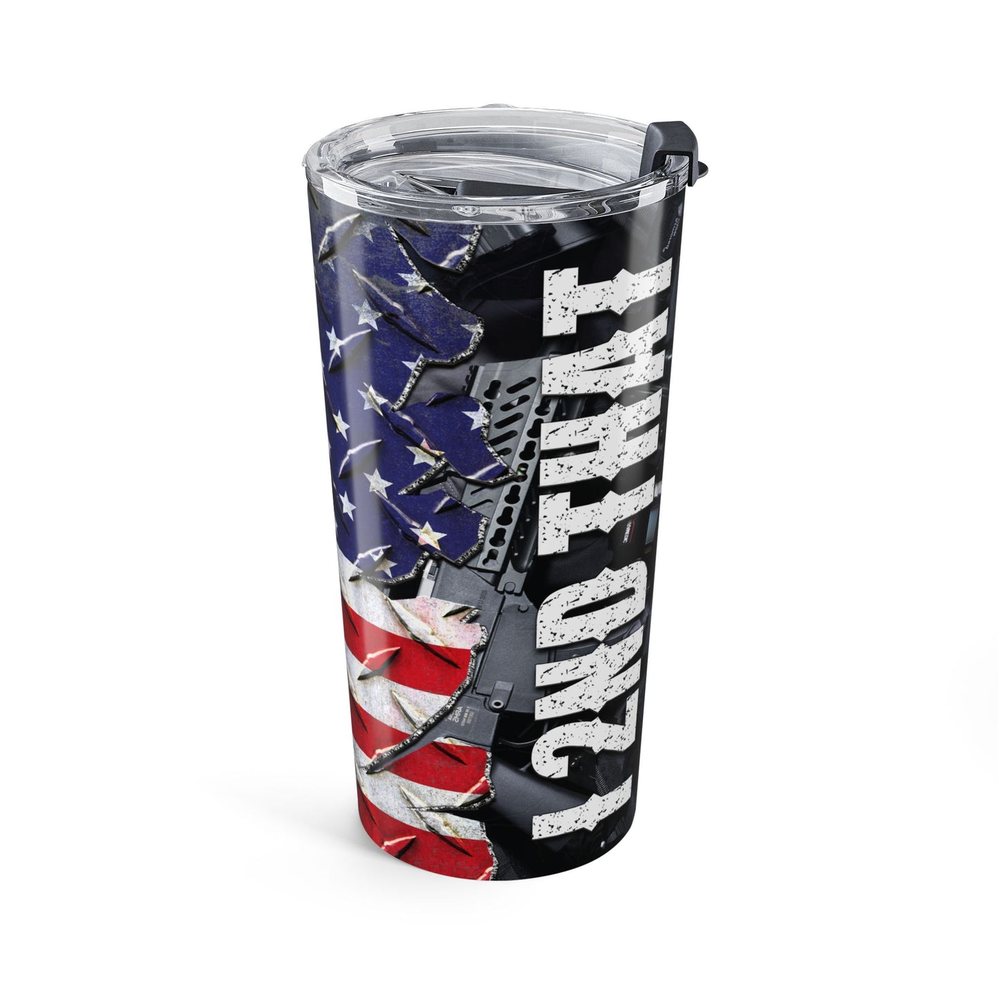 Tumbler with American flag design and text on a white background